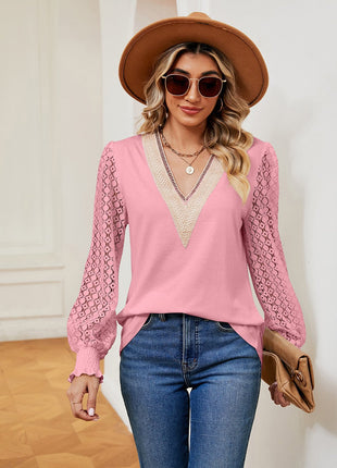 Contrast V - Neck Long Sleeve Blouse - MimiStylez