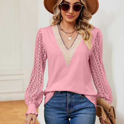 Contrast V - Neck Long Sleeve Blouse - MimiStylez