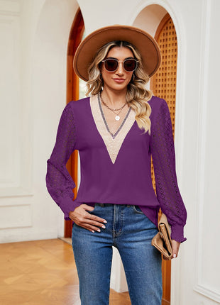 Contrast V - Neck Long Sleeve Blouse - MimiStylez