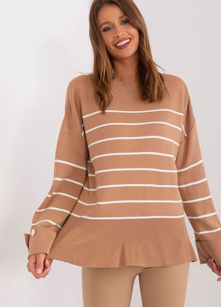 Striped Casual Sweater with Button Sleeve Detail & Round Neckline - MimiStylez