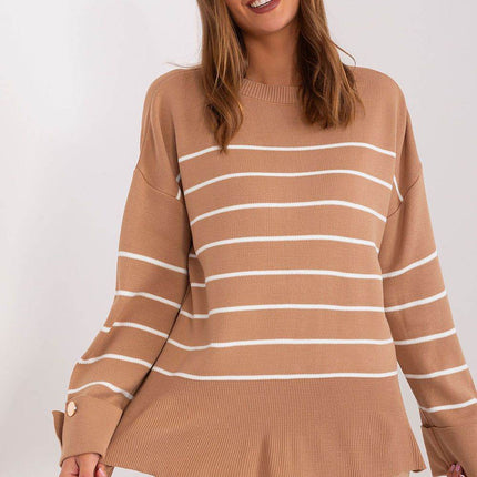 Striped Casual Sweater with Button Sleeve Detail & Round Neckline - MimiStylez