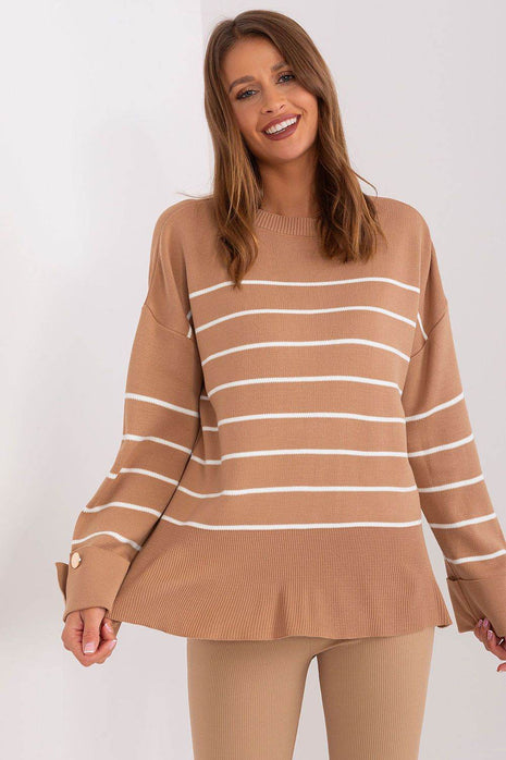 Striped Casual Sweater with Button Sleeve Detail & Round Neckline - MimiStylez