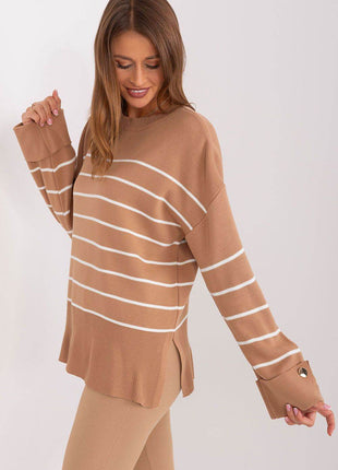 Striped Casual Sweater with Button Sleeve Detail & Round Neckline - MimiStylez
