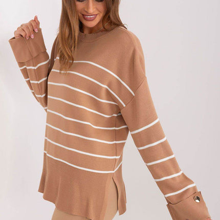 Striped Casual Sweater with Button Sleeve Detail & Round Neckline - MimiStylez