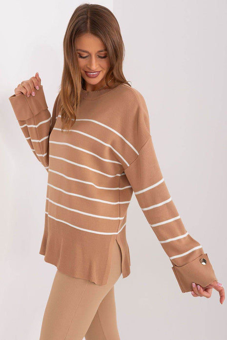 Striped Casual Sweater with Button Sleeve Detail & Round Neckline - MimiStylez