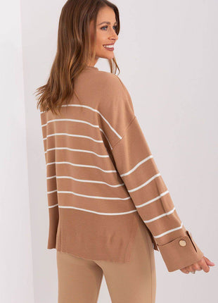 Striped Casual Sweater with Button Sleeve Detail & Round Neckline - MimiStylez