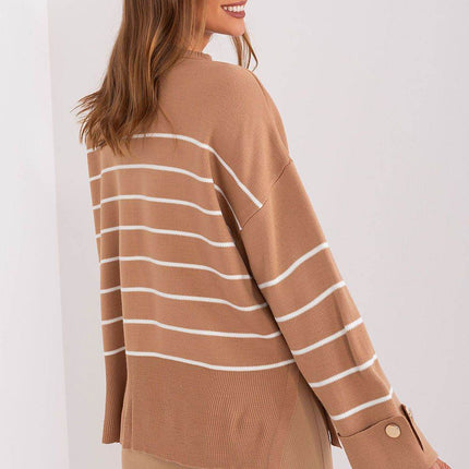 Striped Casual Sweater with Button Sleeve Detail & Round Neckline - MimiStylez