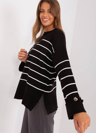 Striped Casual Sweater with Button Sleeve Detail & Round Neckline - MimiStylez