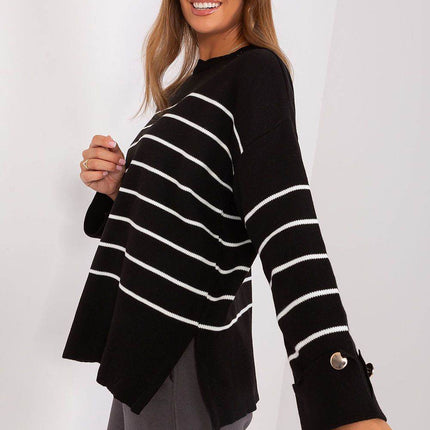 Striped Casual Sweater with Button Sleeve Detail & Round Neckline - MimiStylez