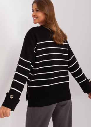 Striped Casual Sweater with Button Sleeve Detail & Round Neckline - MimiStylez