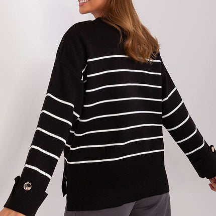 Striped Casual Sweater with Button Sleeve Detail & Round Neckline - MimiStylez