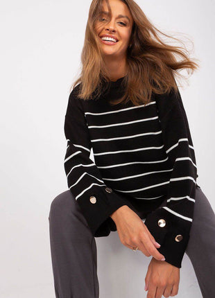 Striped Casual Sweater with Button Sleeve Detail & Round Neckline - MimiStylez