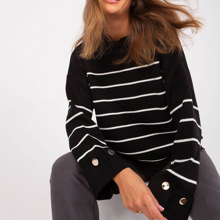 Striped Casual Sweater with Button Sleeve Detail & Round Neckline - MimiStylez