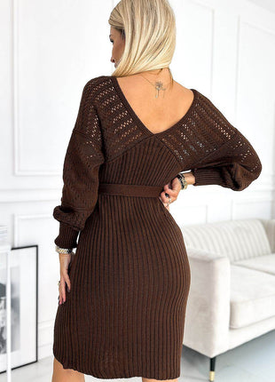 Beige Openwork Sweater Dress with Long Sleeves & Binding - MimiStylez