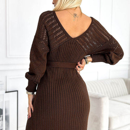 Beige Openwork Sweater Dress with Long Sleeves & Binding - MimiStylez