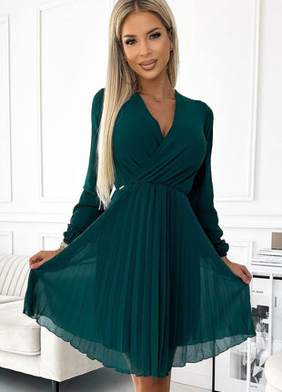 Pleated Chiffon Dress with Neckline & Long Sleeves - MimiStylez