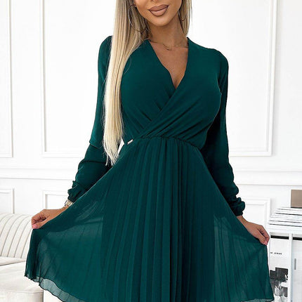 Pleated Chiffon Dress with Neckline & Long Sleeves - MimiStylez