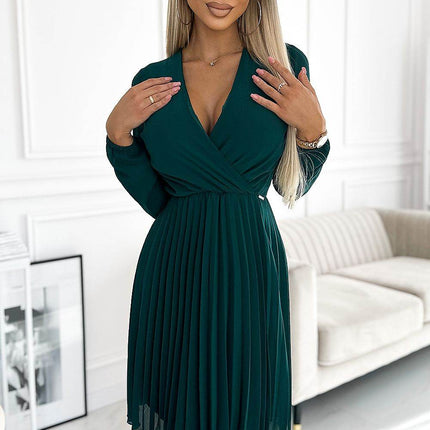 Pleated Chiffon Dress with Neckline & Long Sleeves - MimiStylez