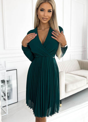 Pleated Chiffon Dress with Neckline & Long Sleeves - MimiStylez