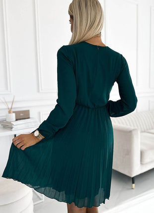 Pleated Chiffon Dress with Neckline & Long Sleeves - MimiStylez