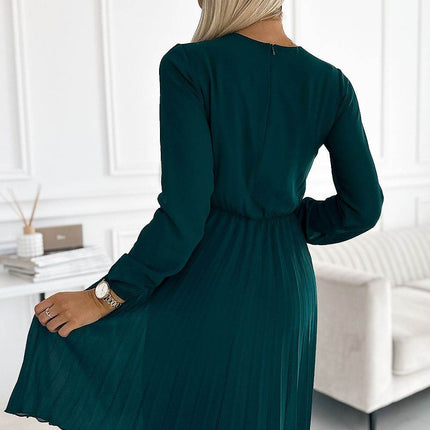 Pleated Chiffon Dress with Neckline & Long Sleeves - MimiStylez