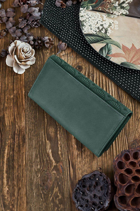 Leather Wallet – Geometric Embossed, 15 Card Slots, Zipper Coin Pocket - MimiStylez