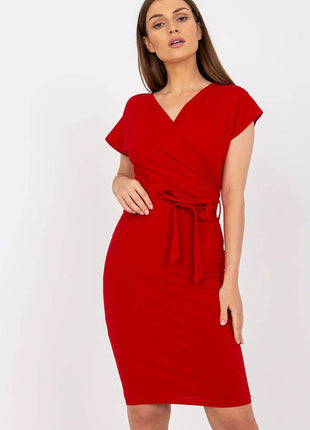 Cotton Summer Pencil Cotton Dress with Tie Belt and Envelope Neckline - MimiStylez