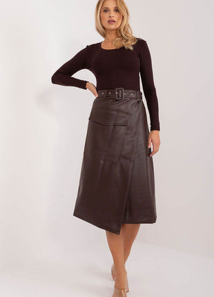 Eco-Leather Cotton Midi Skirt with Envelope Front, Buckled Belt & Patch Pocket - MimiStylez