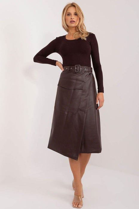 Eco-Leather Cotton Midi Skirt with Envelope Front, Buckled Belt & Patch Pocket - MimiStylez