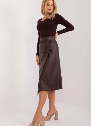 Eco-Leather Cotton Midi Skirt with Envelope Front, Buckled Belt & Patch Pocket - MimiStylez