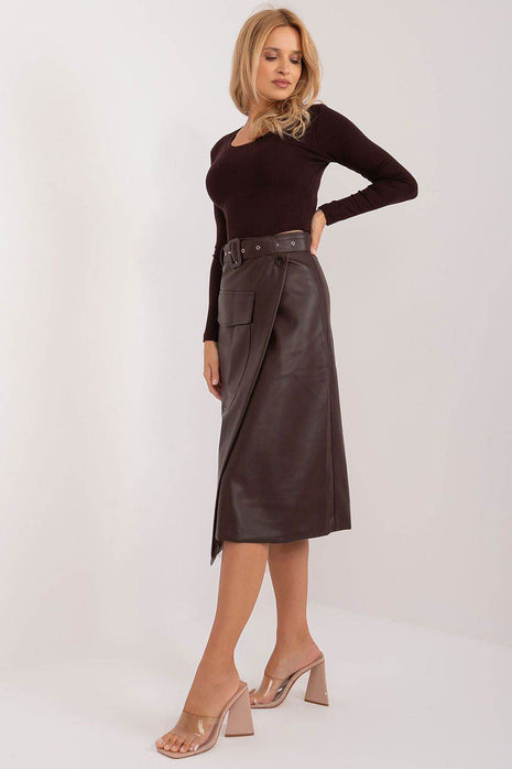 Eco-Leather Cotton Midi Skirt with Envelope Front, Buckled Belt & Patch Pocket - MimiStylez