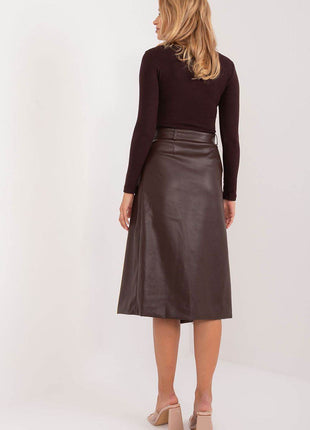 Eco-Leather Cotton Midi Skirt with Envelope Front, Buckled Belt & Patch Pocket - MimiStylez