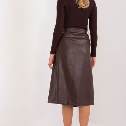 Eco-Leather Cotton Midi Skirt with Envelope Front, Buckled Belt & Patch Pocket - MimiStylez