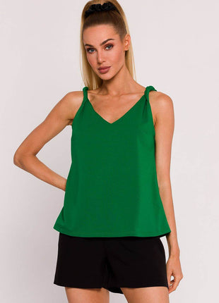 Knitted A-Line Sleeveless Cotton Blouse with Twisted Straps & Deep Back V-Neck - MimiStylez
