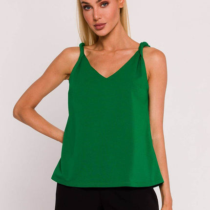 Knitted A-Line Sleeveless Cotton Blouse with Twisted Straps & Deep Back V-Neck - MimiStylez
