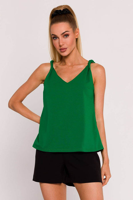 Knitted A-Line Sleeveless Cotton Blouse with Twisted Straps & Deep Back V-Neck - MimiStylez
