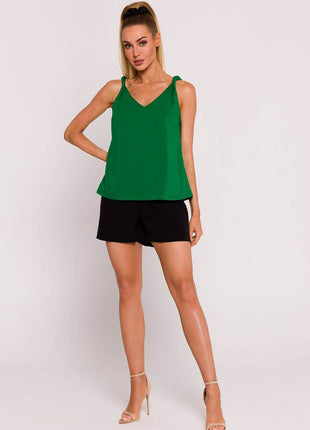 Knitted A-Line Sleeveless Cotton Blouse with Twisted Straps & Deep Back V-Neck - MimiStylez