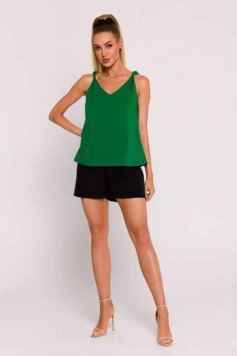 Knitted A-Line Sleeveless Cotton Blouse with Twisted Straps & Deep Back V-Neck - MimiStylez