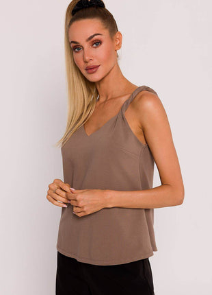 Knitted A-Line Sleeveless Cotton Blouse with Twisted Straps & Deep Back V-Neck - MimiStylez