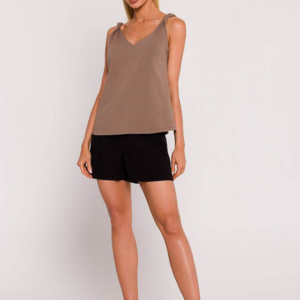 Knitted A-Line Sleeveless Cotton Blouse with Twisted Straps & Deep Back V-Neck - MimiStylez