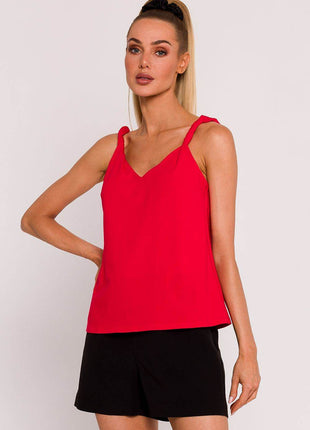 Knitted A-Line Sleeveless Cotton Blouse with Twisted Straps & Deep Back V-Neck - MimiStylez