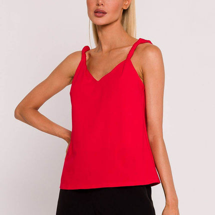 Knitted A-Line Sleeveless Cotton Blouse with Twisted Straps & Deep Back V-Neck - MimiStylez