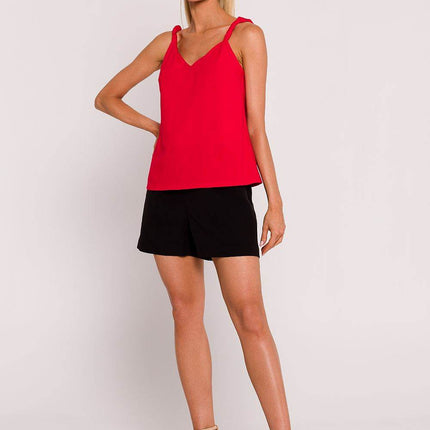 Knitted A-Line Sleeveless Cotton Blouse with Twisted Straps & Deep Back V-Neck - MimiStylez