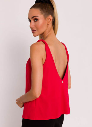 Knitted A-Line Sleeveless Cotton Blouse with Twisted Straps & Deep Back V-Neck - MimiStylez