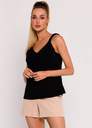 Knitted A-Line Sleeveless Cotton Blouse with Twisted Straps & Deep Back V-Neck - MimiStylez