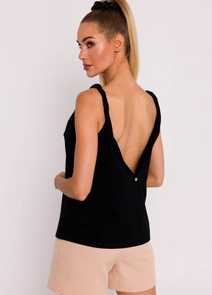 Knitted A-Line Sleeveless Cotton Blouse with Twisted Straps & Deep Back V-Neck - MimiStylez
