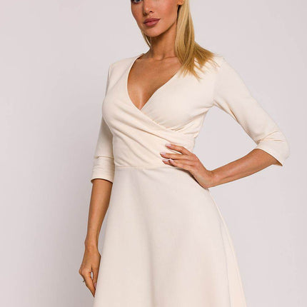 Flared Knit Mini Cotton Dress with Overlap Top, Elbow Sleeves - MimiStylez