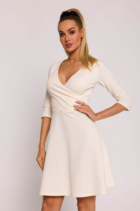 Flared Knit Mini Cotton Dress with Overlap Top, Elbow Sleeves - MimiStylez