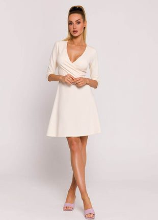 Flared Knit Mini Cotton Dress with Overlap Top, Elbow Sleeves - MimiStylez
