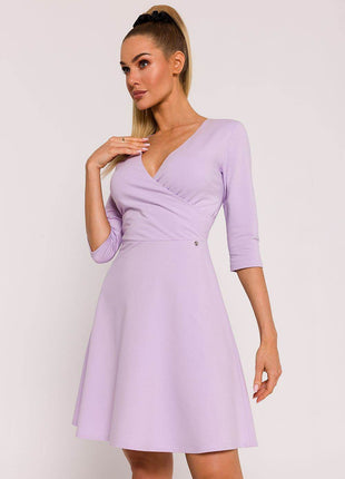 Flared Knit Mini Cotton Dress with Overlap Top, Elbow Sleeves - MimiStylez